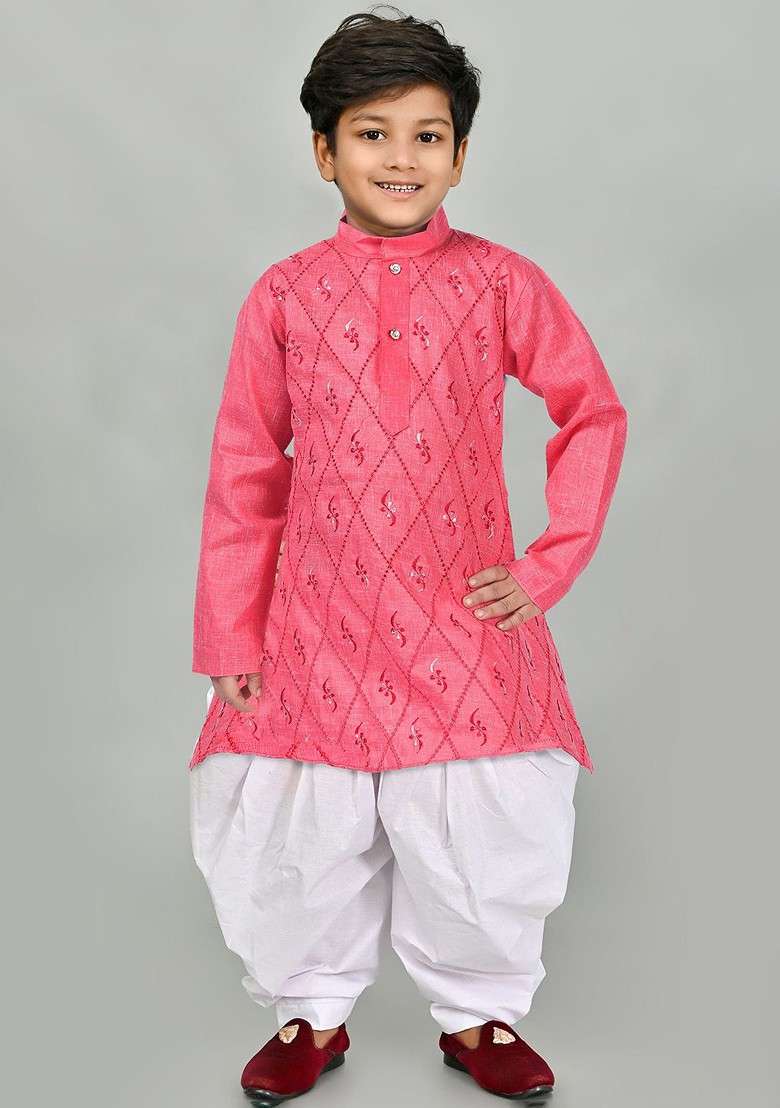 Orange Embroidered Blended Kurta Set For Boys - Indya