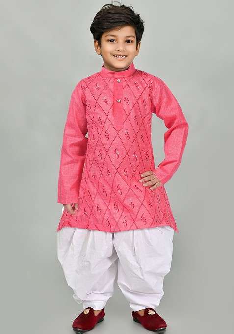 Orange Embroidered Blended Kurta Set For Boys