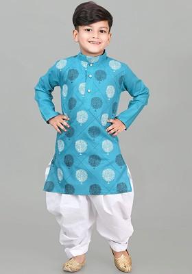 Green Printed Blended Kurta Set For Boys