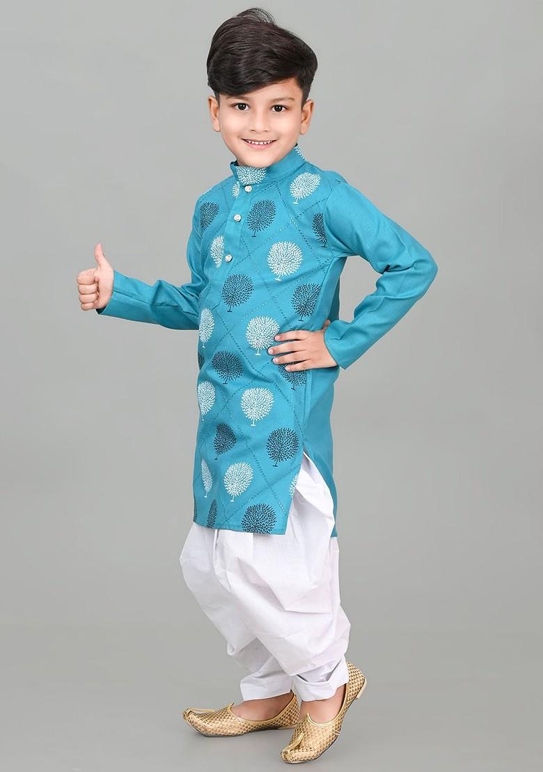 Green Printed Blended Kurta Set For Boys - Indya