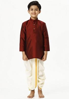 Maroon Embroidered Blended Kurta Set For Boys