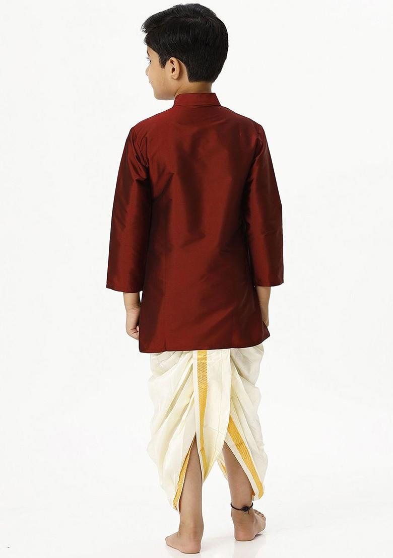 Maroon Embroidered Blended Kurta Set For Boys - Indya