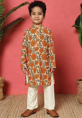Orange Printed Cotton Kurta Set For Boys