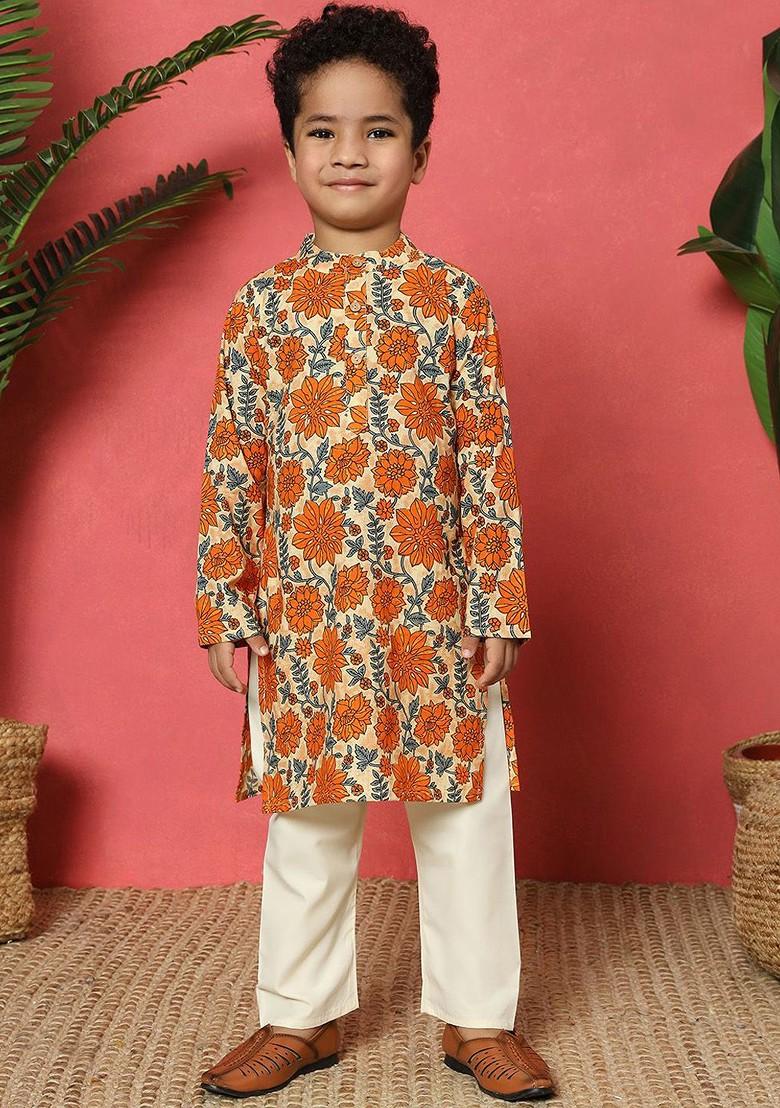Orange Printed Cotton Kurta Set For Boys - Indya