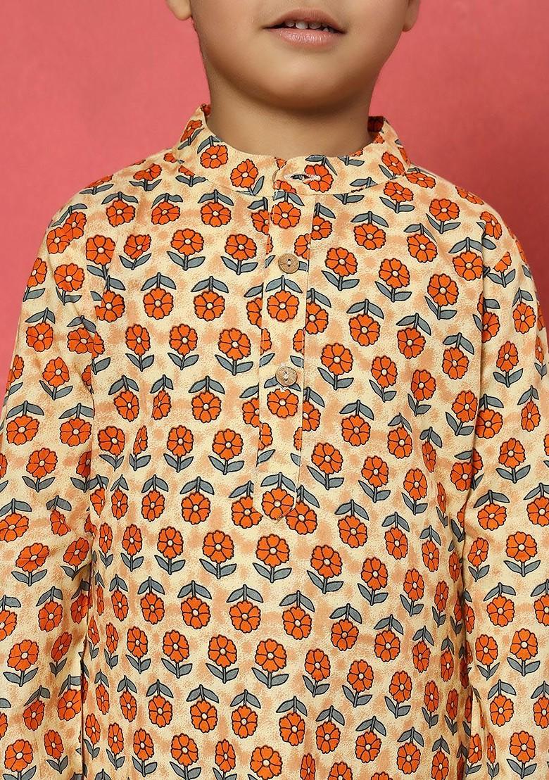 Orange Printed Cotton Kurta Set For Boys - Indya