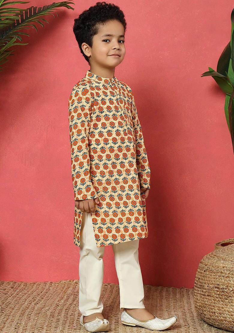 Orange Printed Cotton Kurta Set For Boys - Indya