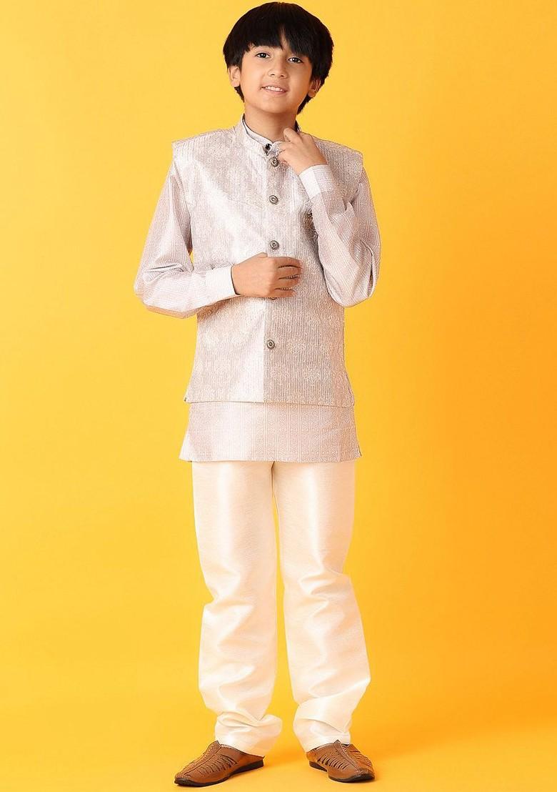 Grey Embroidered Cotton Kurta Set For Boys - Indya