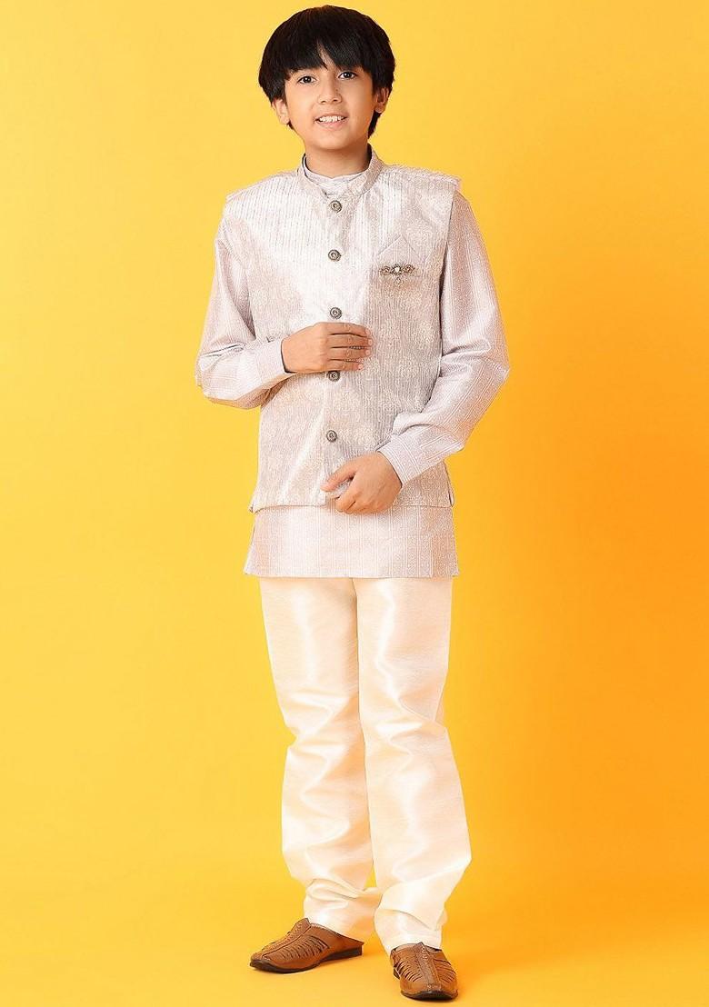 Grey Embroidered Cotton Kurta Set For Boys - Indya