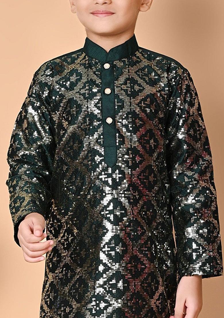 Green Embroidered Silk Kurta Set For Boys - Indya