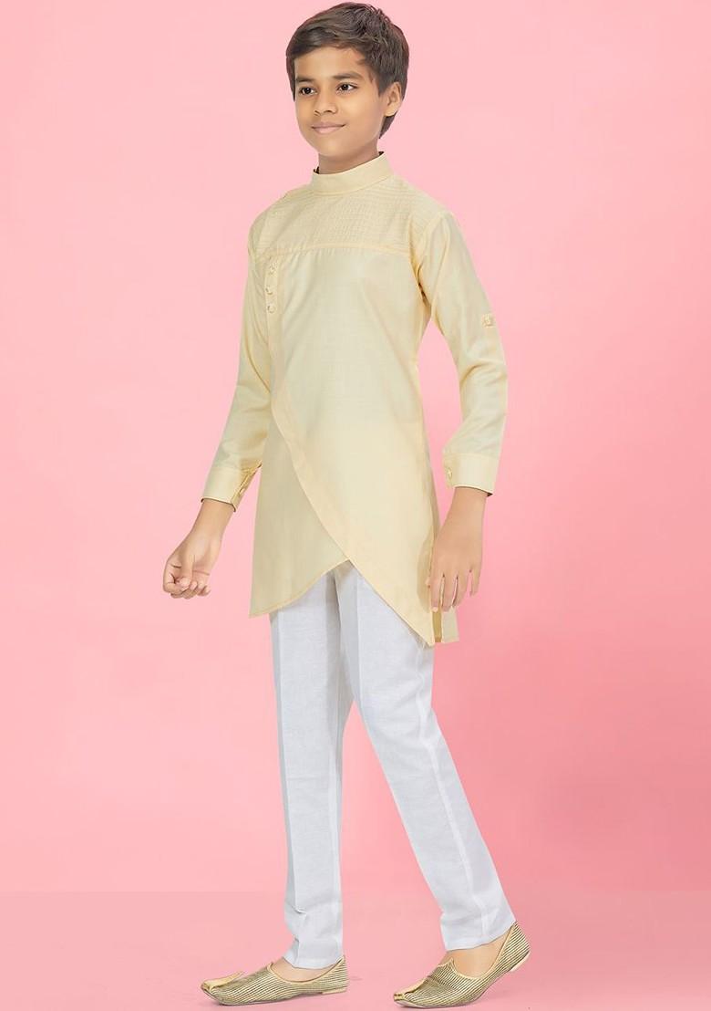 Cream Embroidered Cotton Kurta Set For Boys - Indya