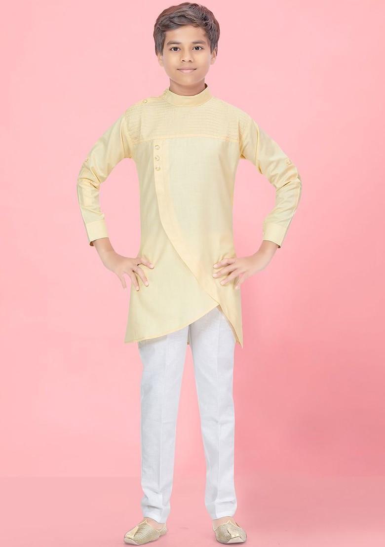 Cream Embroidered Cotton Kurta Set For Boys - Indya