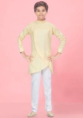 Cream Embroidered Cotton Kurta Set For Boys