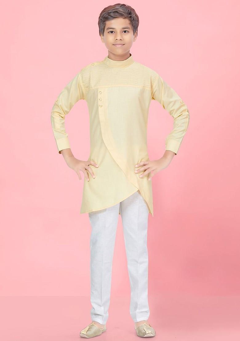 Cream Embroidered Cotton Kurta Set For Boys - Indya