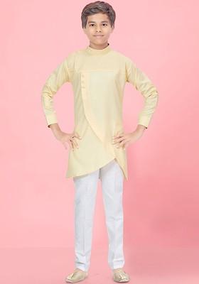 Cream Embroidered Cotton Kurta Set For Boys