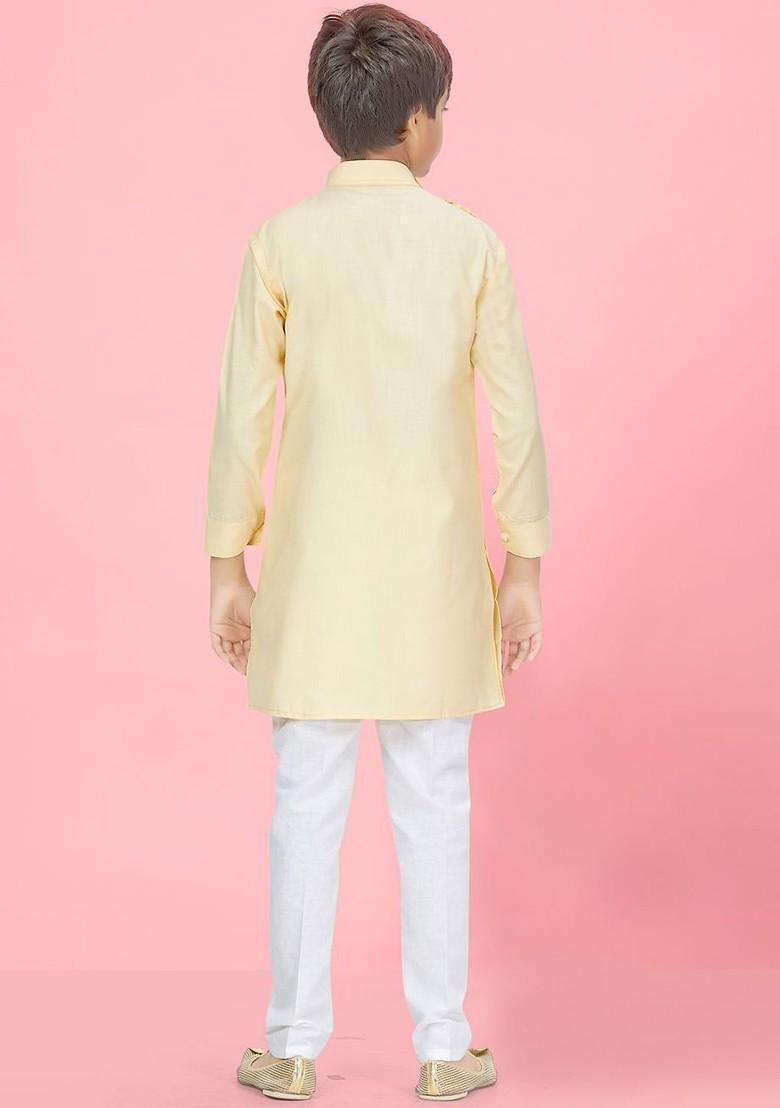 Cream Embroidered Cotton Kurta Set For Boys - Indya