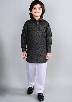 Grey Printed Blended Kurta Set For Boys