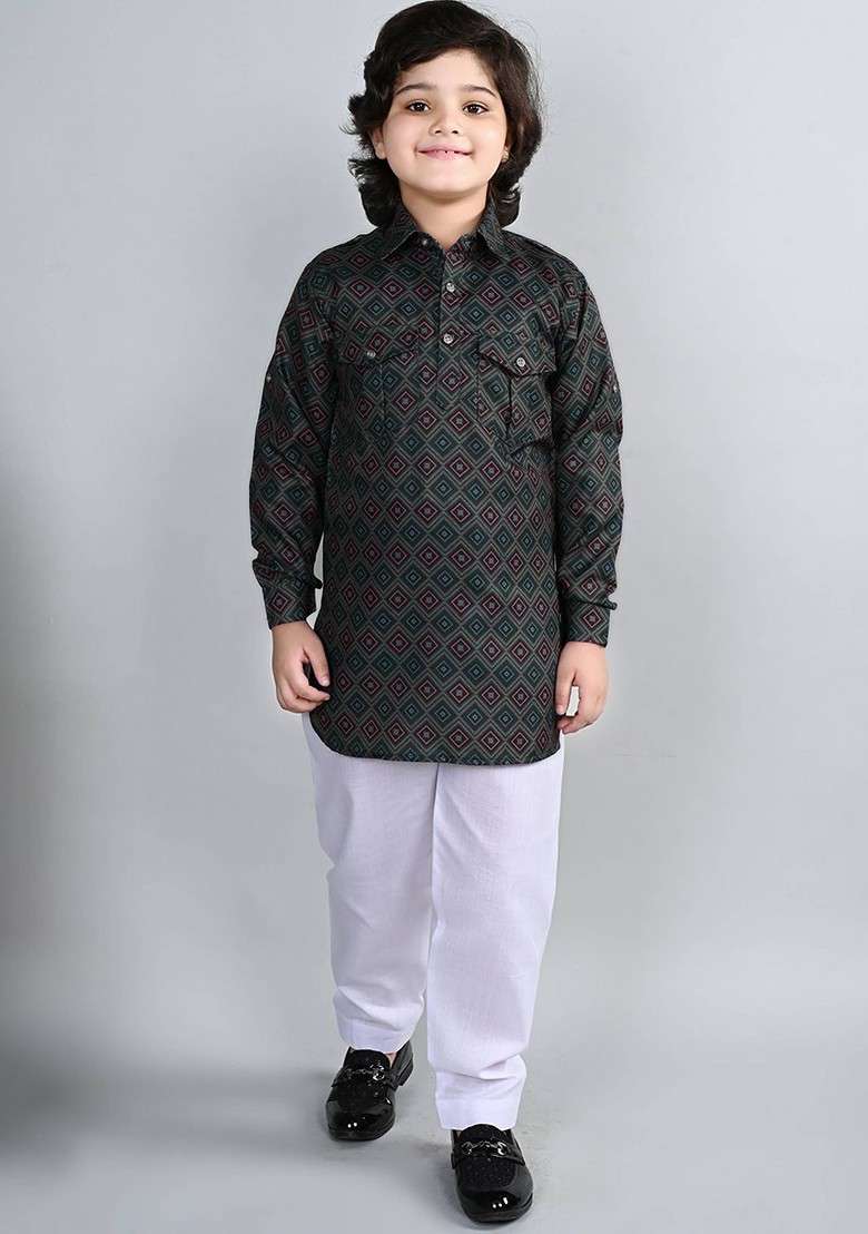 Grey Printed Blended Kurta Set For Boys - Indya