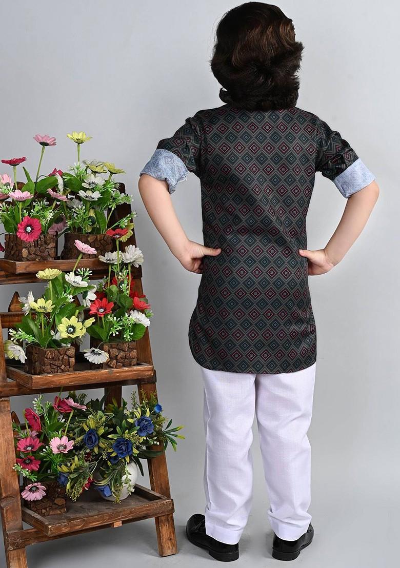 Grey Printed Blended Kurta Set For Boys - Indya