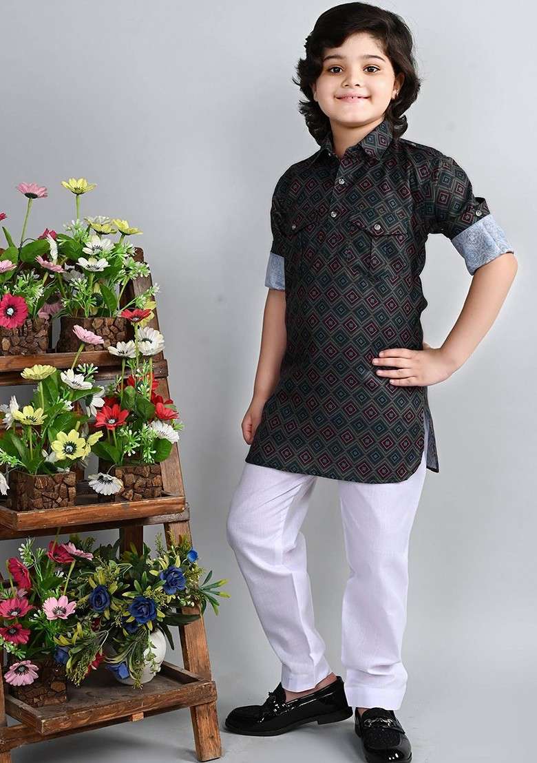 Grey Printed Blended Kurta Set For Boys - Indya
