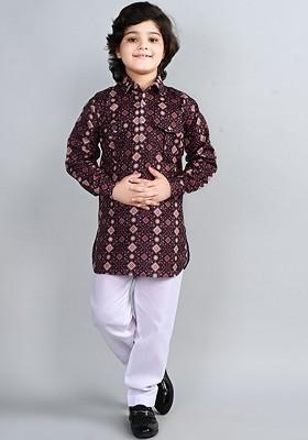 Maroon Printed Blended Kurta Set For Boys