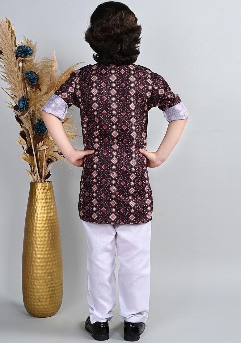 Maroon Printed Blended Kurta Set For Boys - Indya