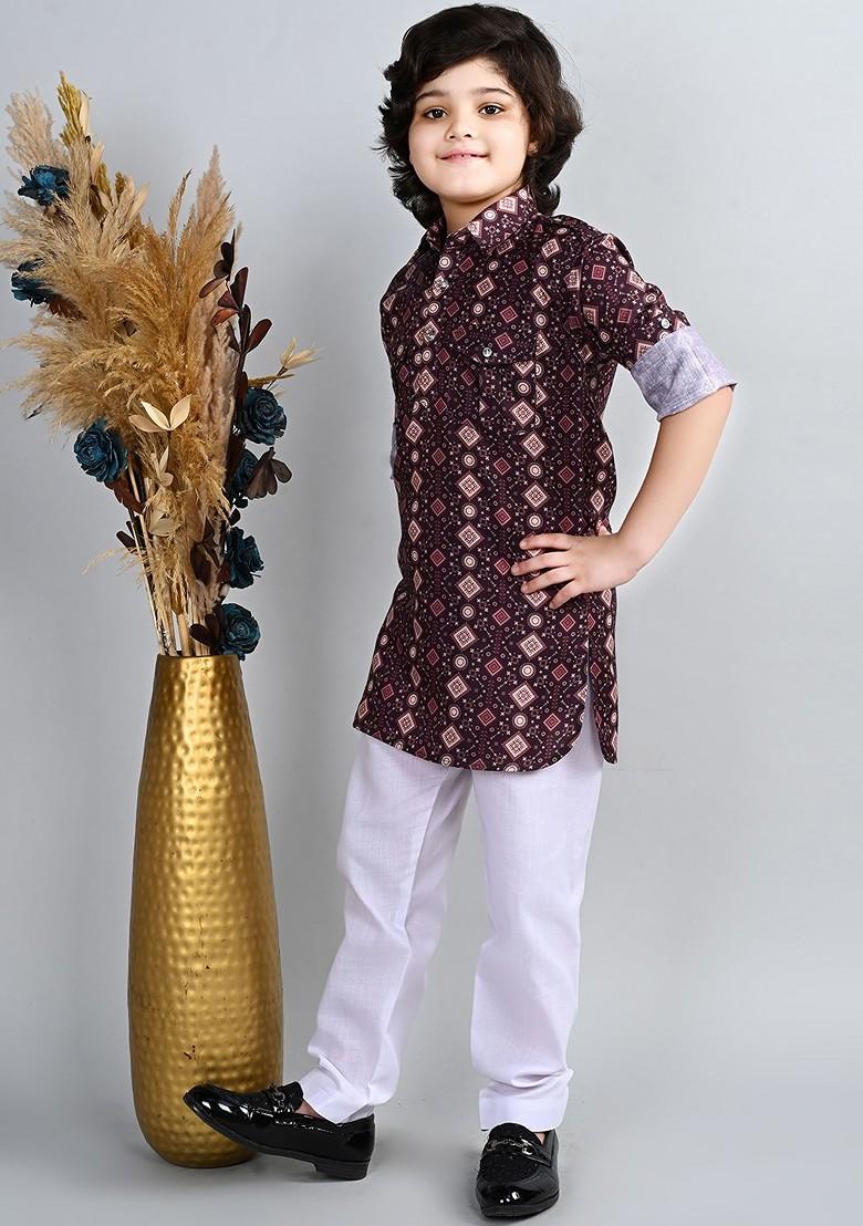 Maroon Printed Blended Kurta Set For Boys - Indya