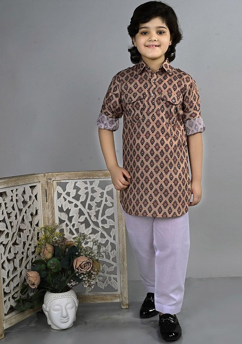 Brown Printed Blended Kurta Set For Boys - Indya