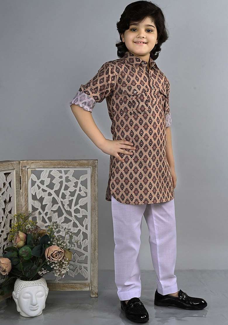 Brown Printed Blended Kurta Set For Boys - Indya
