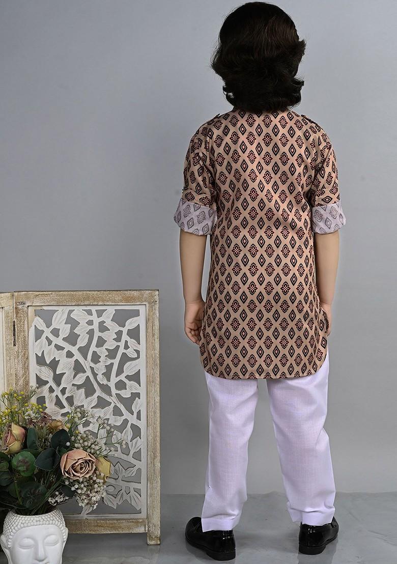 Brown Printed Blended Kurta Set For Boys - Indya