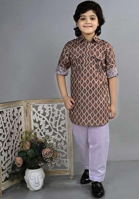 Brown Printed Blended Kurta Set For Boys