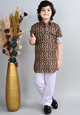 Brown Printed Blended Kurta Set For Boys