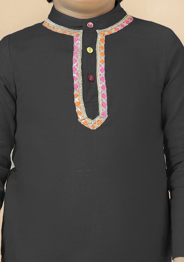 Black Embroidered Blended Kurta Set For Boys - Indya