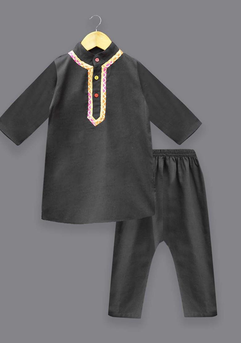 Black Embroidered Blended Kurta Set For Boys - Indya