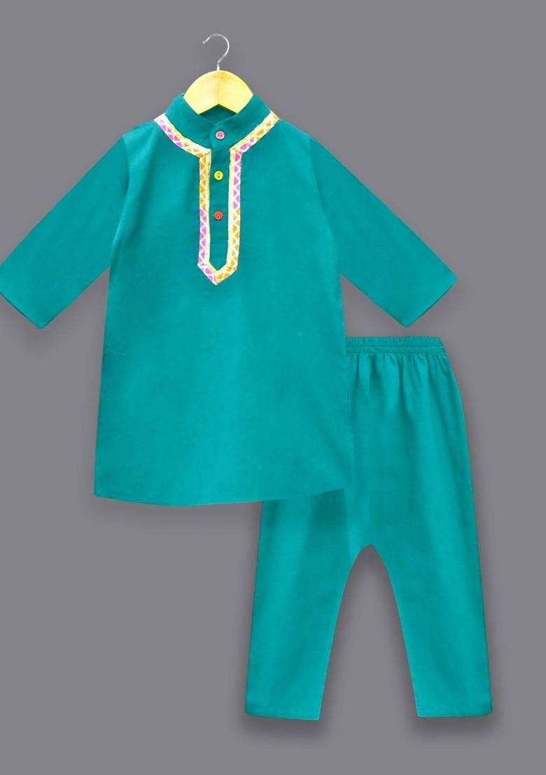 Teal Thread Work Blended Kurta Set For Boys - Indya