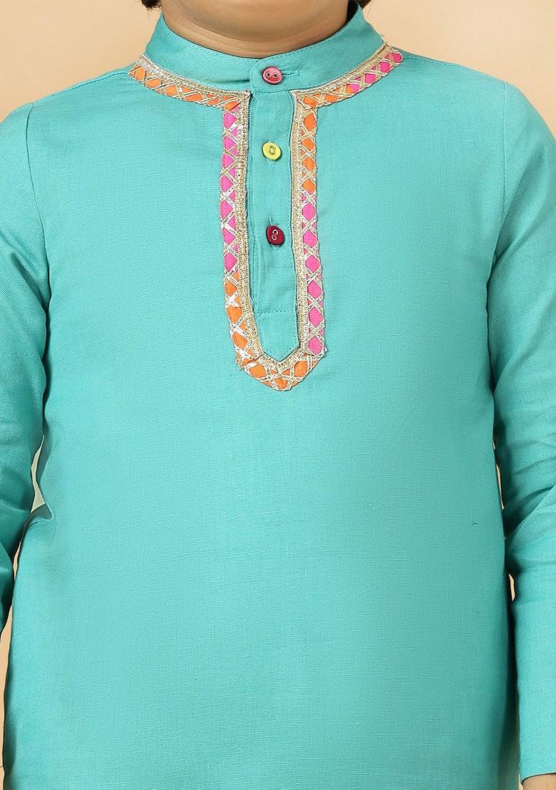 Teal Thread Work Blended Kurta Set For Boys - Indya