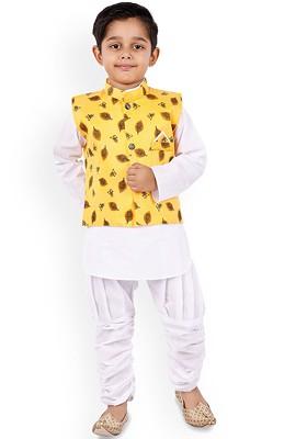 White Embroidered Blended Kurta Set For Boys