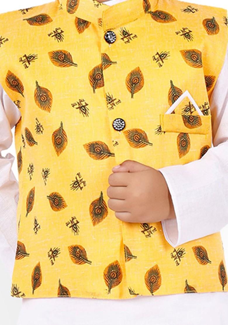 White Embroidered Blended Kurta Set For Boys - Indya