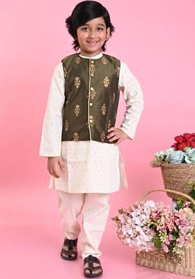 Off White Printed Cotton Kurta Set For Boys