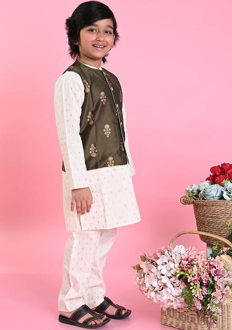 Off White Printed Cotton Kurta Set For Boys - Indya