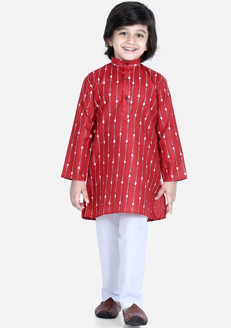 Red Printed Cotton Kurta Set For Boys - Indya