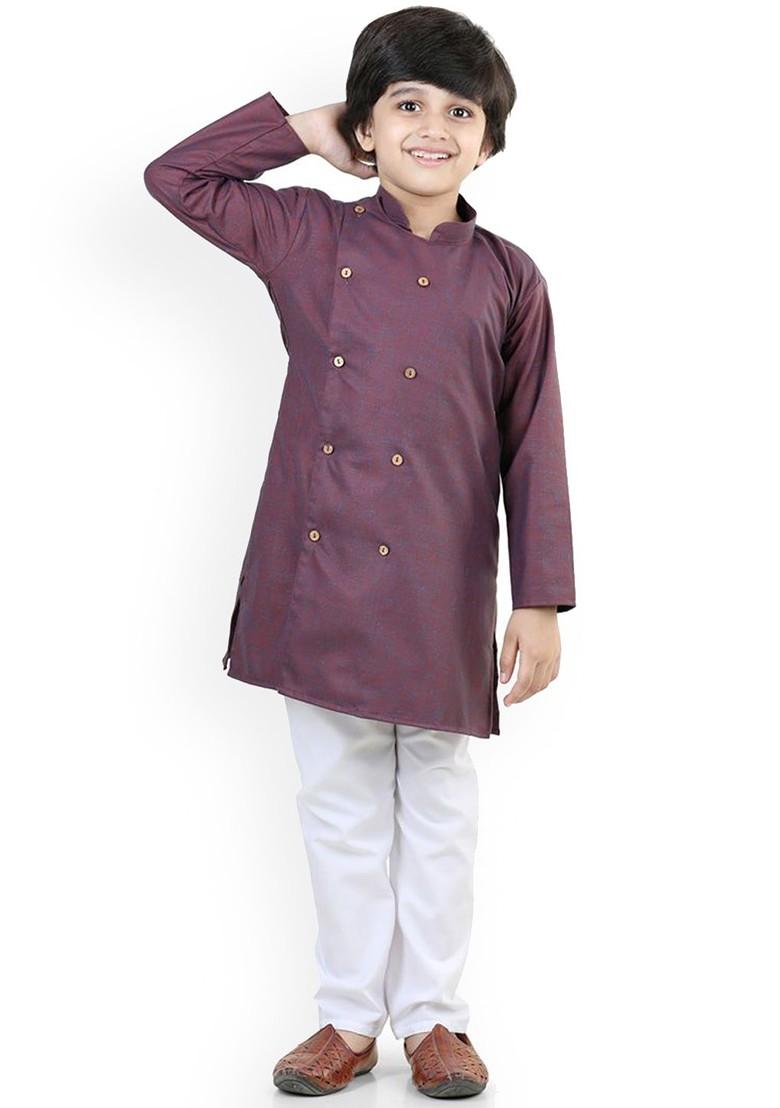 Purple Embroidered Blended Kurta Set For Boys - Indya