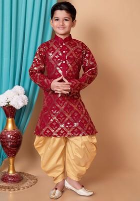 Maroon Embroidered Blended Kurta Set For Boys