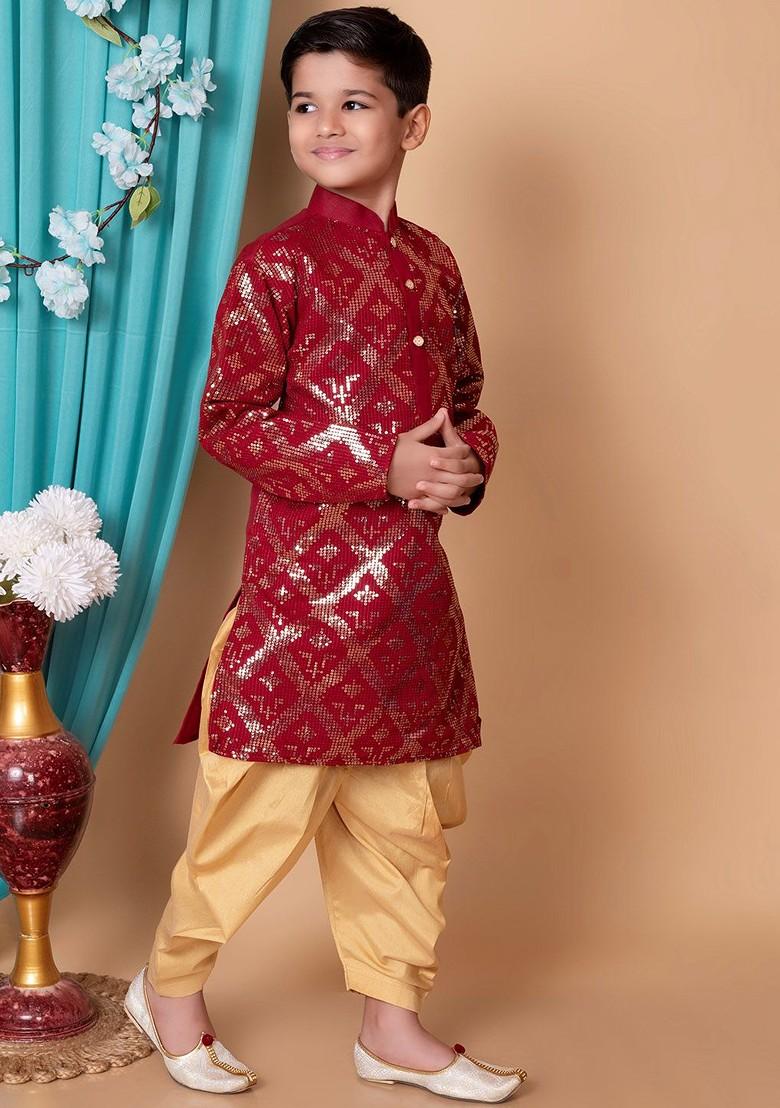 Maroon Embroidered Blended Kurta Set For Boys - Indya