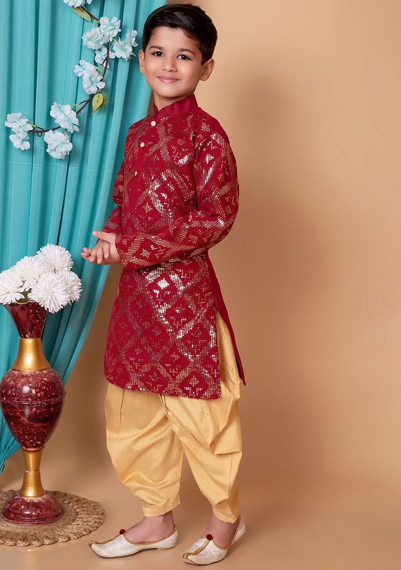Maroon Embroidered Blended Kurta Set For Boys - Indya