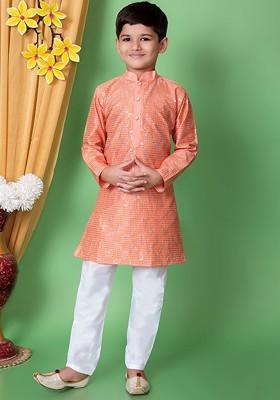 Peach Embroidered Blended Kurta Set For Boys