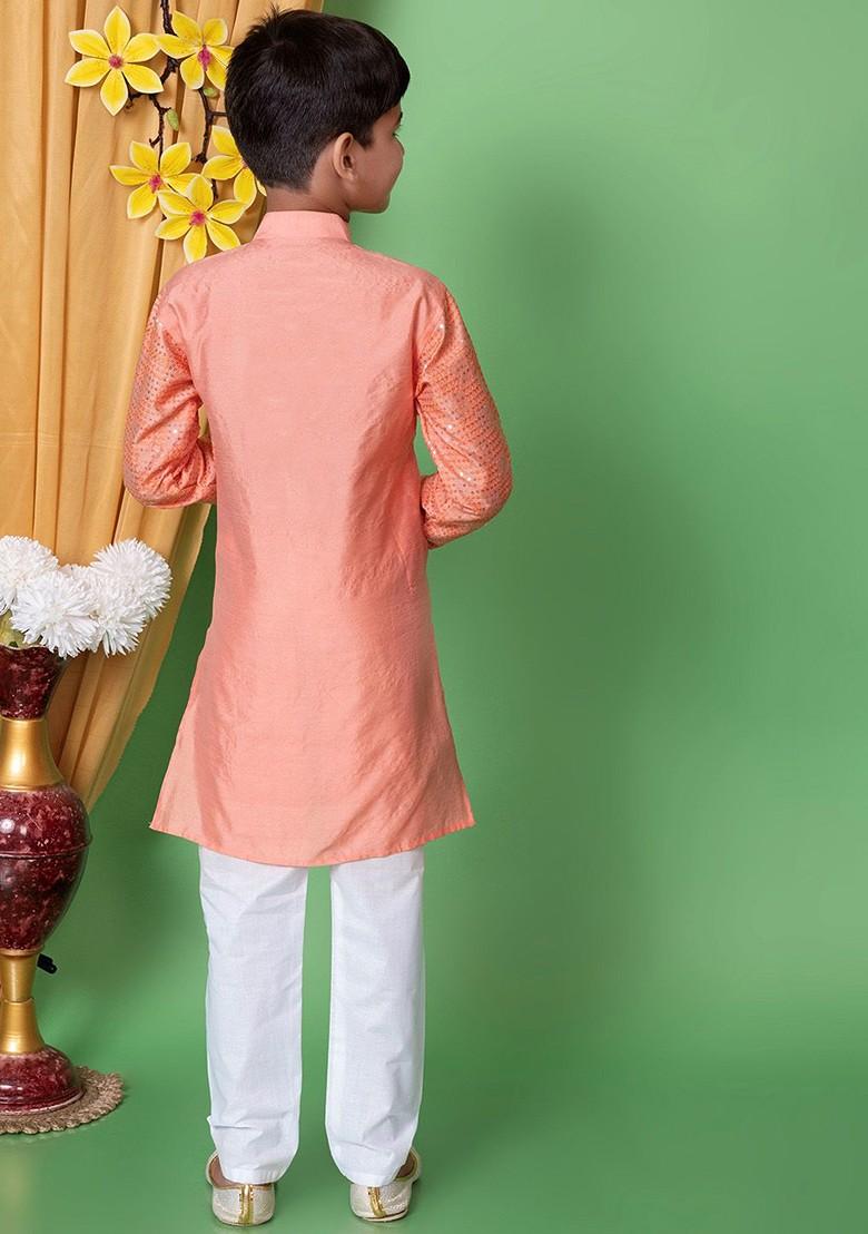Peach Embroidered Blended Kurta Set For Boys - Indya