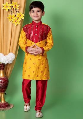 Yellow Embroidered Silk Kurta Set For Boys