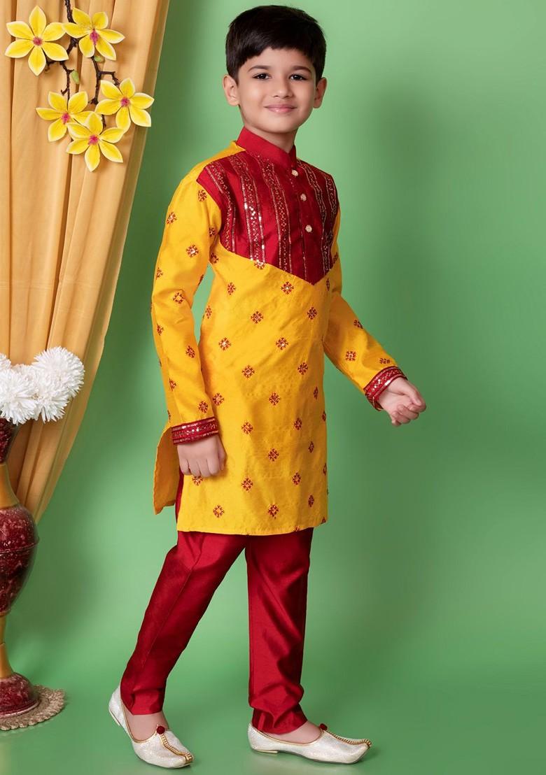 Yellow Embroidered Silk Kurta Set For Boys - Indya