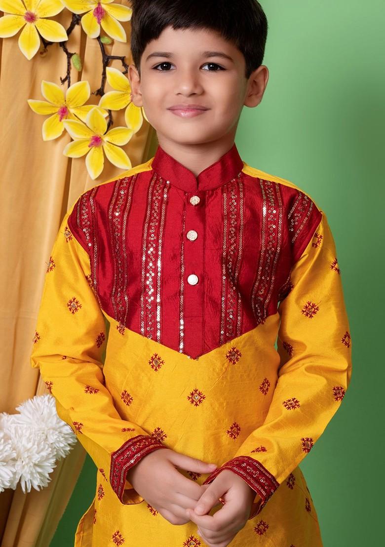 Yellow Embroidered Silk Kurta Set For Boys - Indya