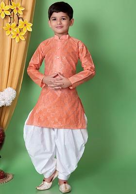 Peach Embroidered Silk Kurta Set For Boys